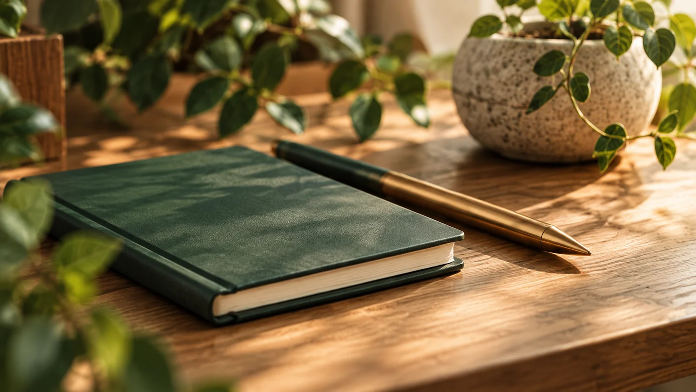 A green notebook and brass pen on a wooden desk beside a plant