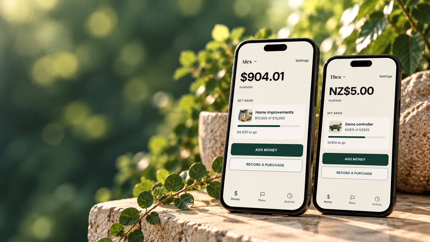 Tellivro on two phones, showing Alex and Thea's available money and savings plans